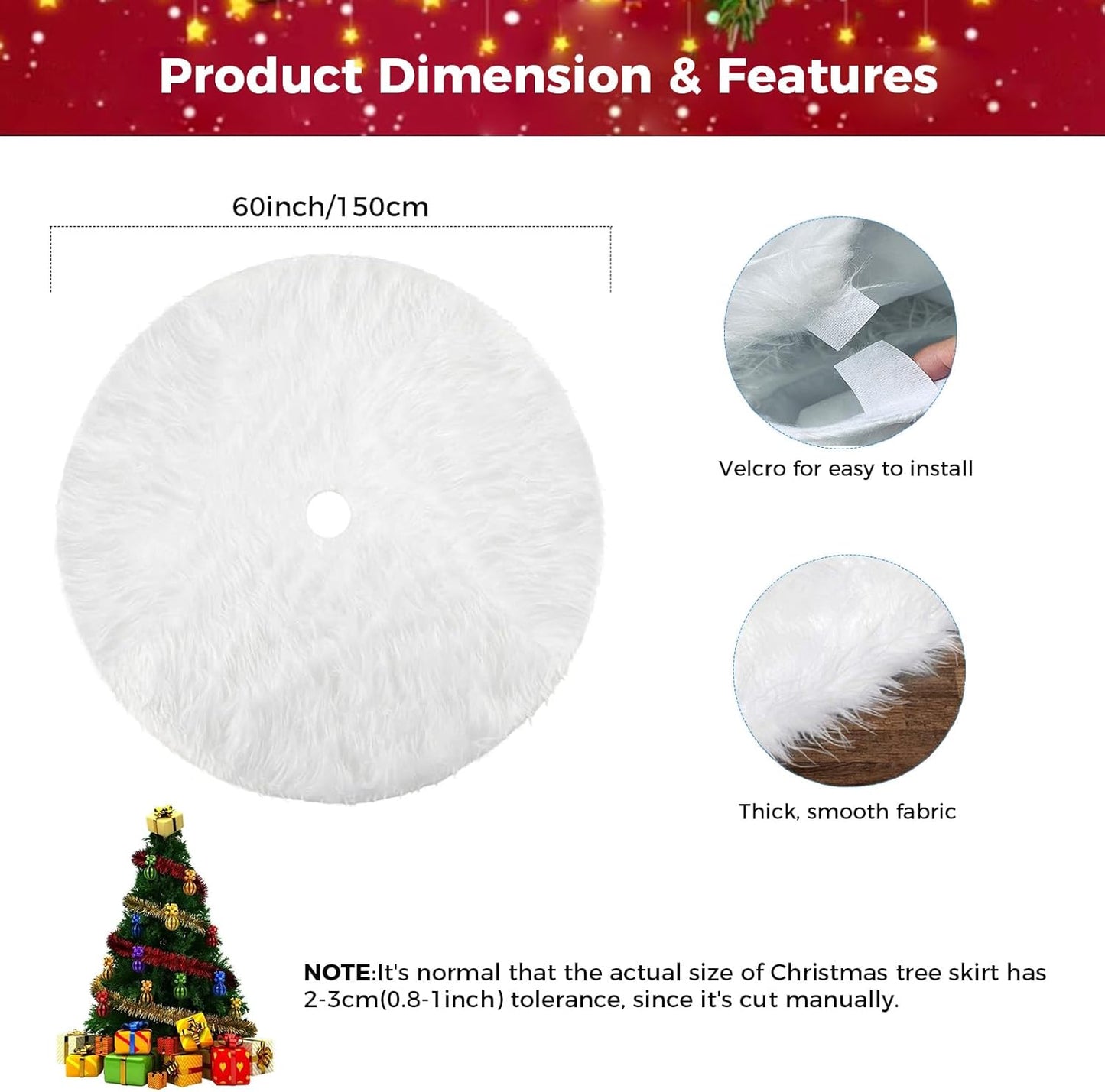 60 Inch Christmas Tree Skirt, Extra Large Snowy White Faux Fur Tree Skirt, Luxury Soft Plush Skirt for Merry Christmas Party Tree Decoration