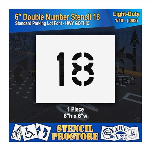 Pavement, Curb, and WheelStop Stencils - 6 inch Double Number Stencil - (18) - 6" x 6" x 1/16" (63 mil) - Light-Duty