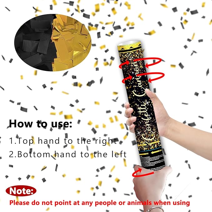12" Black Gold Confetti Cannon Party Poppers for Birthday Graduation Wedding Retirement New Year Celebrations - Easy to Use, Pack of 2