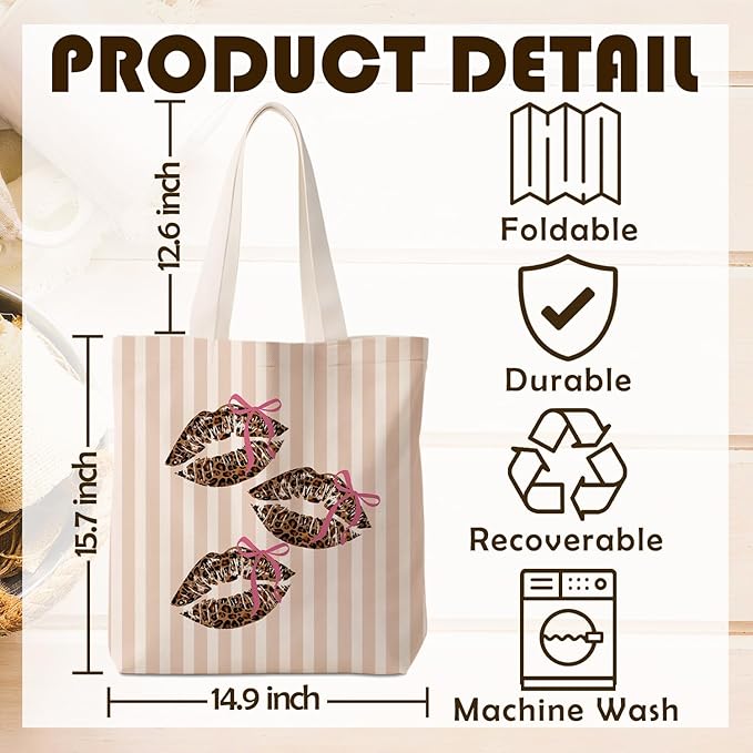 Coquette Pink Bow Leopard Lip Tote Bag for Women,Trendy Cheetah Print Canvas Tote Bag for Girls,Girly Leopard Lip Print Aesthetic Reusable Shopping Grocery Bags Party Favors