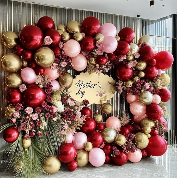 Burgundy Pink Balloon Arch Kit, Double Stuffed Ruby Red Pearl Pink Gold Balloon Garland Wine Red Maroon Balloons for Mother's Day Wedding Engagement Bridal Shower Birthday Graduation Party Decor