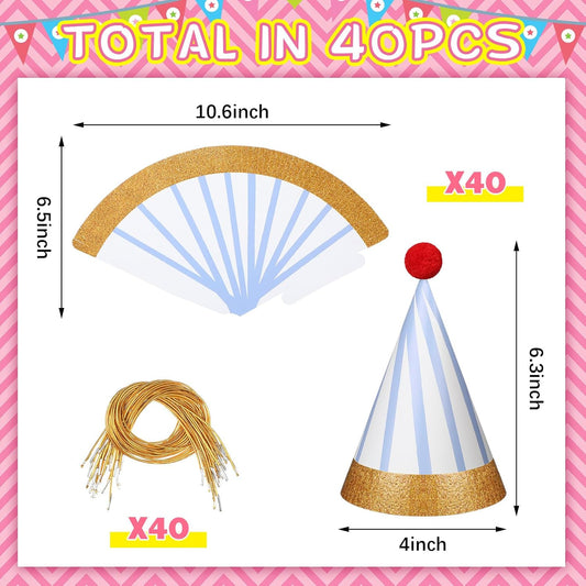 40 Pcs Birthday Party Hats Adult Pastel Cone Hats Bulk Pom Pom Lovely Stripe Headwear with Elastic String and Glue for Party Anniversary Jamboree Photo Props Decorations