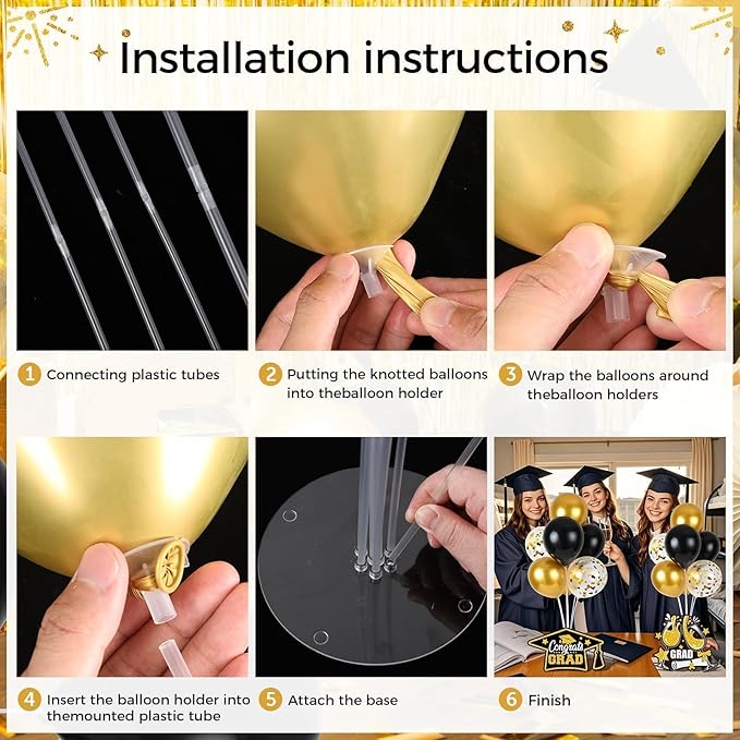6 Sets Black Gold Graduation Balloon Stand Kit for Table Decorations Class of 2025 Congrats Grad Table Centerpiece Grad Prom Themed Decoration for Grad School & College Ceremonies Party Supplies