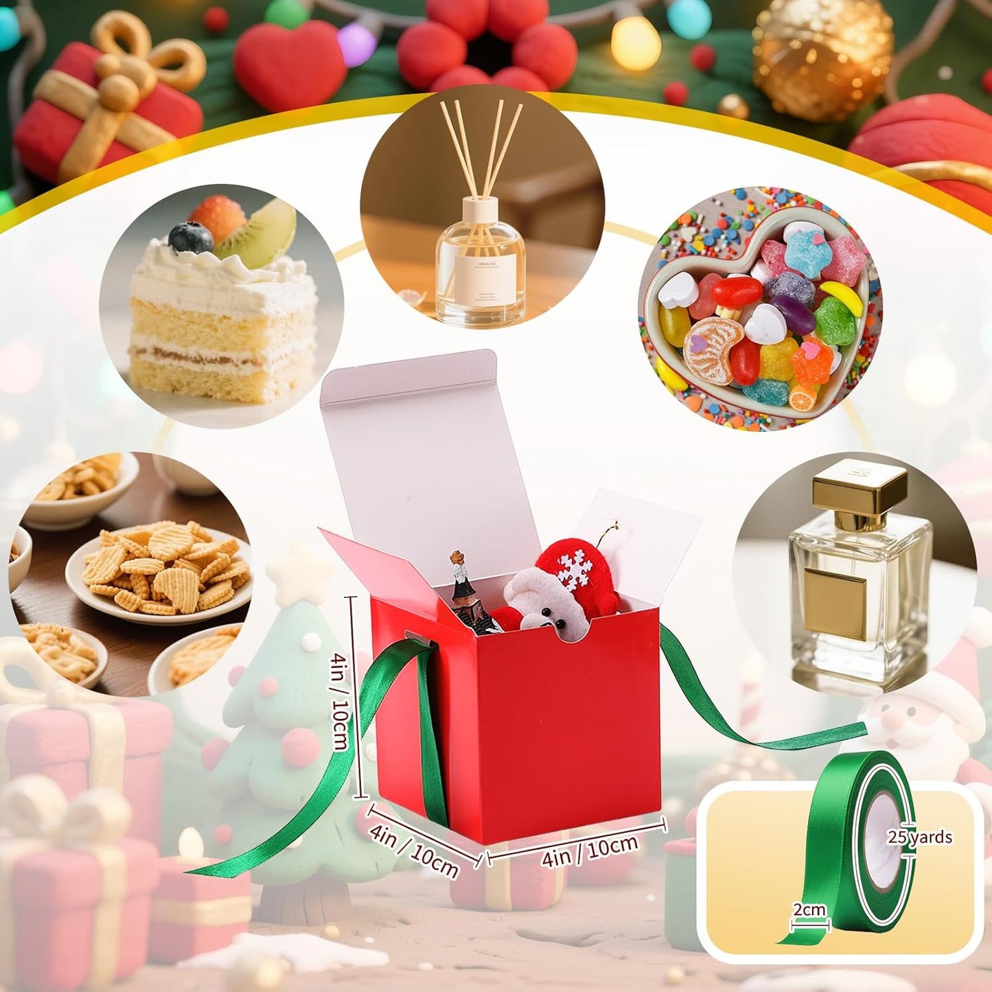 Dispowreath 48 Pcs 4x4x4 Christmas Gift Boxes with Ribbon Xmas Small Box with Lids Treat Boxes for Gift Wrapping Ornaments Wedding Holiday Birthday Party Favor(Classic)