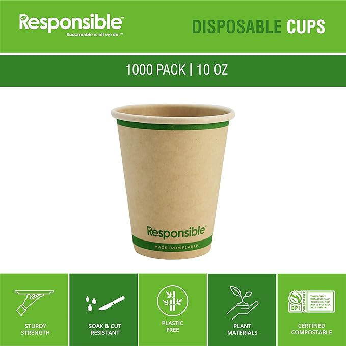 Responsible Products 10 oz Paper Hot Cups Bulk, Tree-Less™ Compostable Paper Coffee Cups, Extra Strength, Tree-Free and Made Without PFAS, Natural Brown (1000 Count)