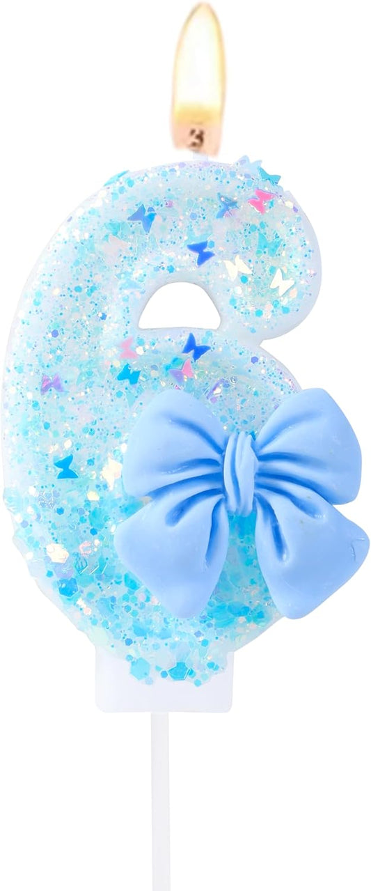 Birthday Candles 6 Cake Topper Decorations, Blue Bow 6 Candle for Birthday Cake Boy Girl Kids Pets Pastel Birthday Party Supplies (Number 6)