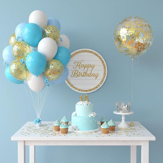 Blue and White Balloons - 60PCS 12 Inch Pearl White,Baby Blue,Linght Blue,Gold Confetti Balloons for Wedding, Birthday, Baby Shower Party Decor