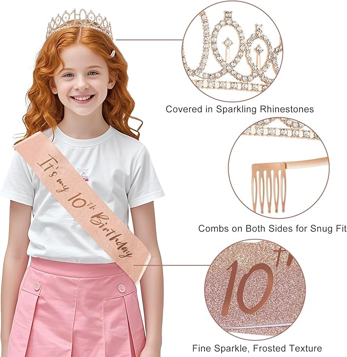 10th Birthday Decorations for Girl, 33pcs Black Rose Gold Happy 10th Birthday Banner 10 Birthday Crown and Sash Balloons Backdrop Hanging Swirls Paper Fans, 10 Years Old Party Supplies Kit