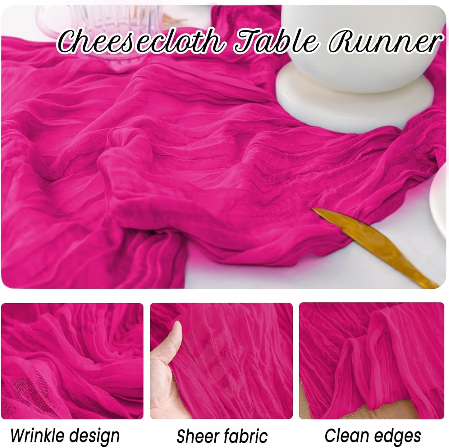 12 Pack Hot Pink Table Runners 10FT Cheesecloth Table Runner 21 x 120 inch Boho Gauze Cheese Cloth Table Runner Rustic Sheer Table Runners for Party Wedding Bridal Baby Shower Birthday Table Decor