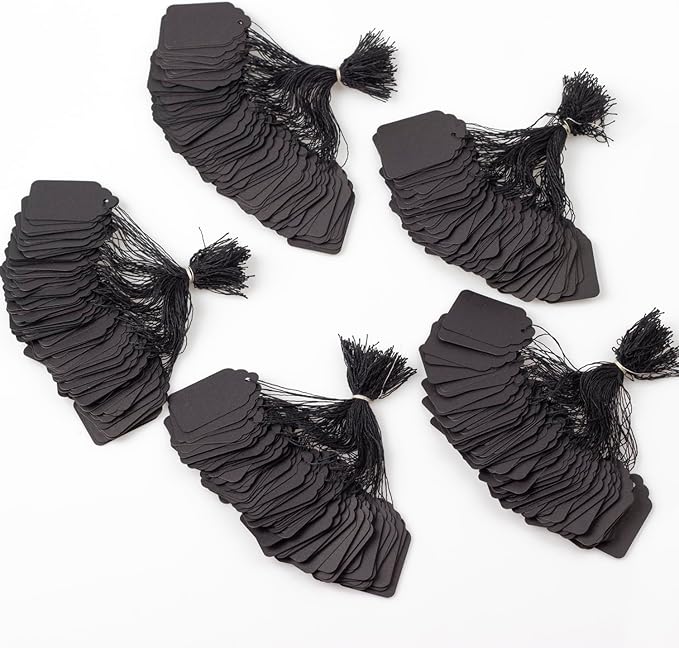 Pack of 500 Paper Tags with String Attached for Storage Baskets,Jewelry, Clothing(Black,1.88"x1.18")