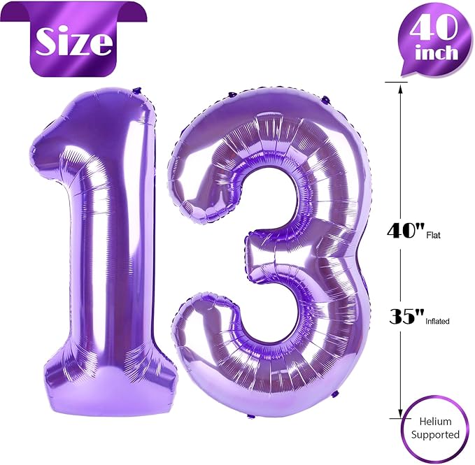 Purple Number 13 Balloon 40 Inch, 13th Birthday Party Decorations for Children, Giant 13 Foil Balloon for Party Supplies