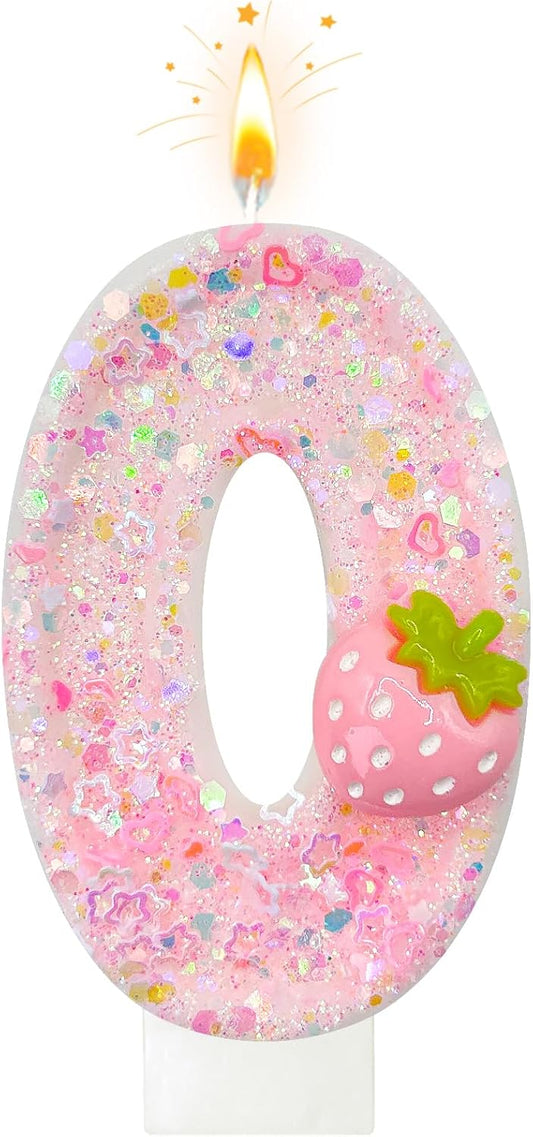 HXOUSE Strawberry Number 0 Birthday Candles - Pink Berry Birthday Candles for Cake, 0 Candle Topper for Anniversary Celebrations Supplies, Strawberry Party Decorations for Girl (No.0)