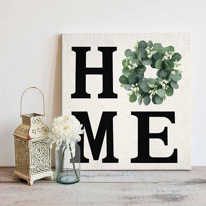 Canvas Wall Art Home Green Eucalyptus Leaves Garland,Oil Painting Prints Artworks Picture Stretched and Framed, Retro Linen Wall Decor for Living Room/Bedroom/Kitchen/Bathroom 24x24IN
