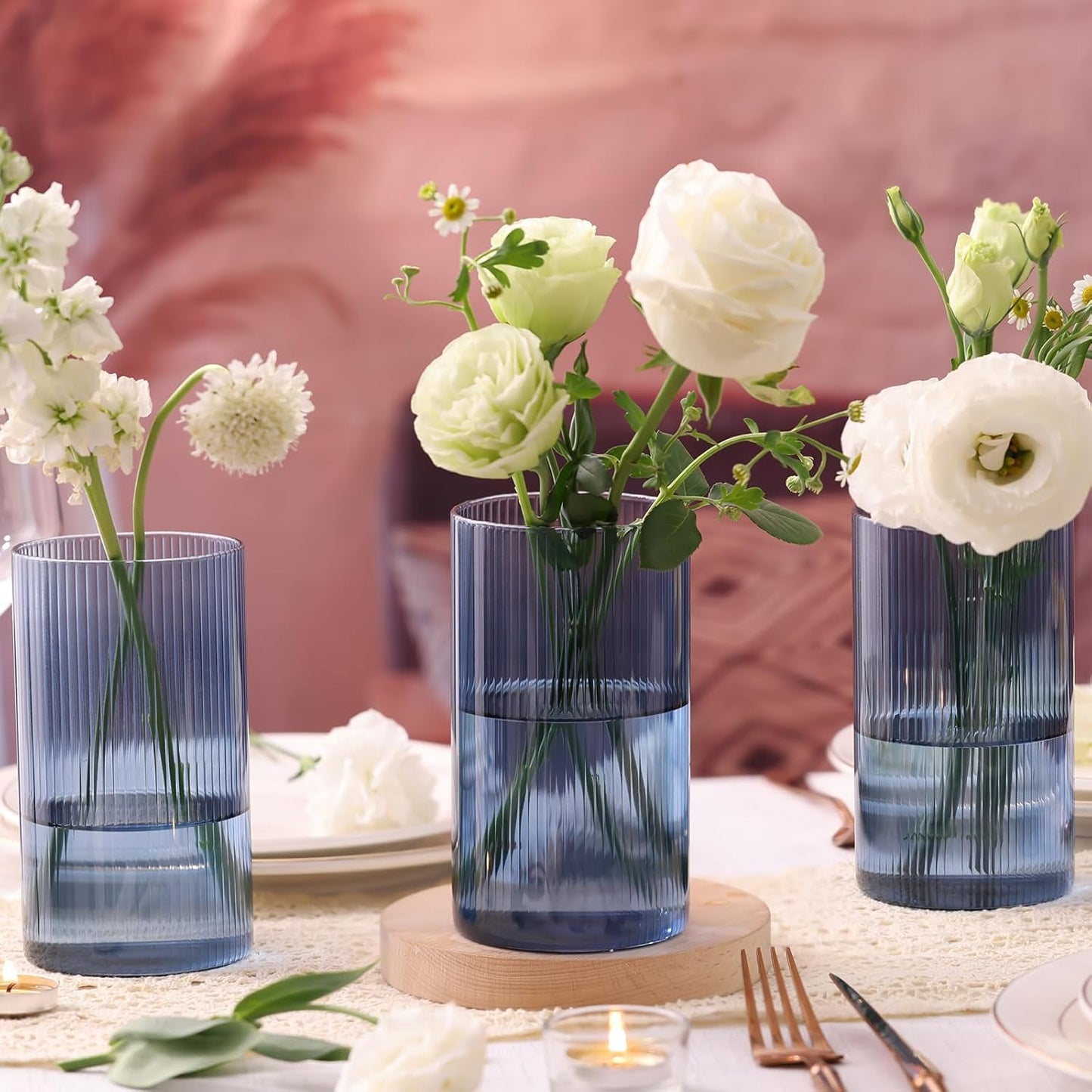 Glass Cylinder Vases, Bud Vase for Wedding Centerpieces, 6 Inch Tall Ribbed Vase Hurricane Floating Candle Holder, Decorative Flower Vases for Wedding Reception, Home Decor, Housewarming Gift (Blue)
