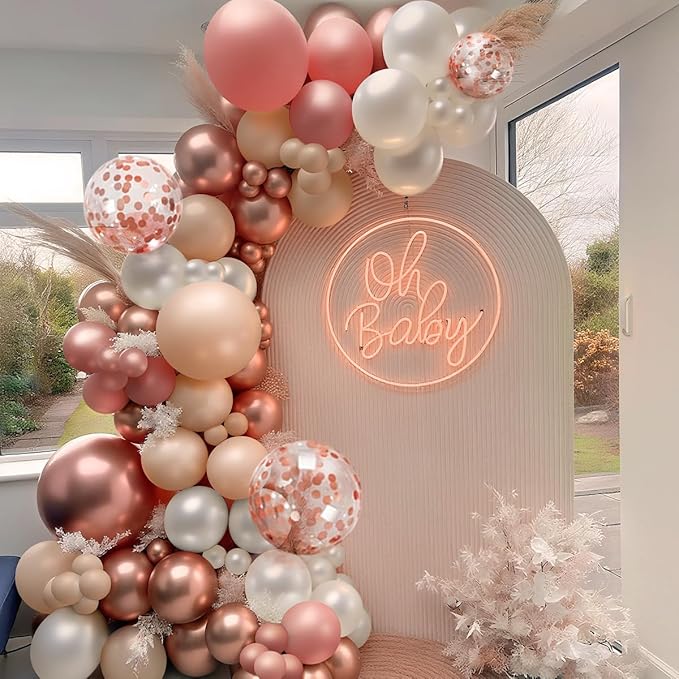 MEBAY 147PCS Rose Gold Balloon Garland Arch Kit, Pearl Rose Gold Metallic White Nude Balloons with Confetti for Wedding Bridal Shower Princess Party Girl Birthday Baby Shower Decorations