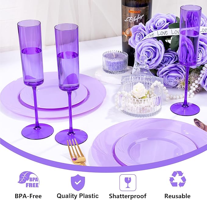 YOUBET 24 Pack Purple Plastic Champagne Flutes -6 Oz Clear Purple Champagne Glasses - Square Plastic Toasting Glasses for Birthday Anniversary Wedding & Party