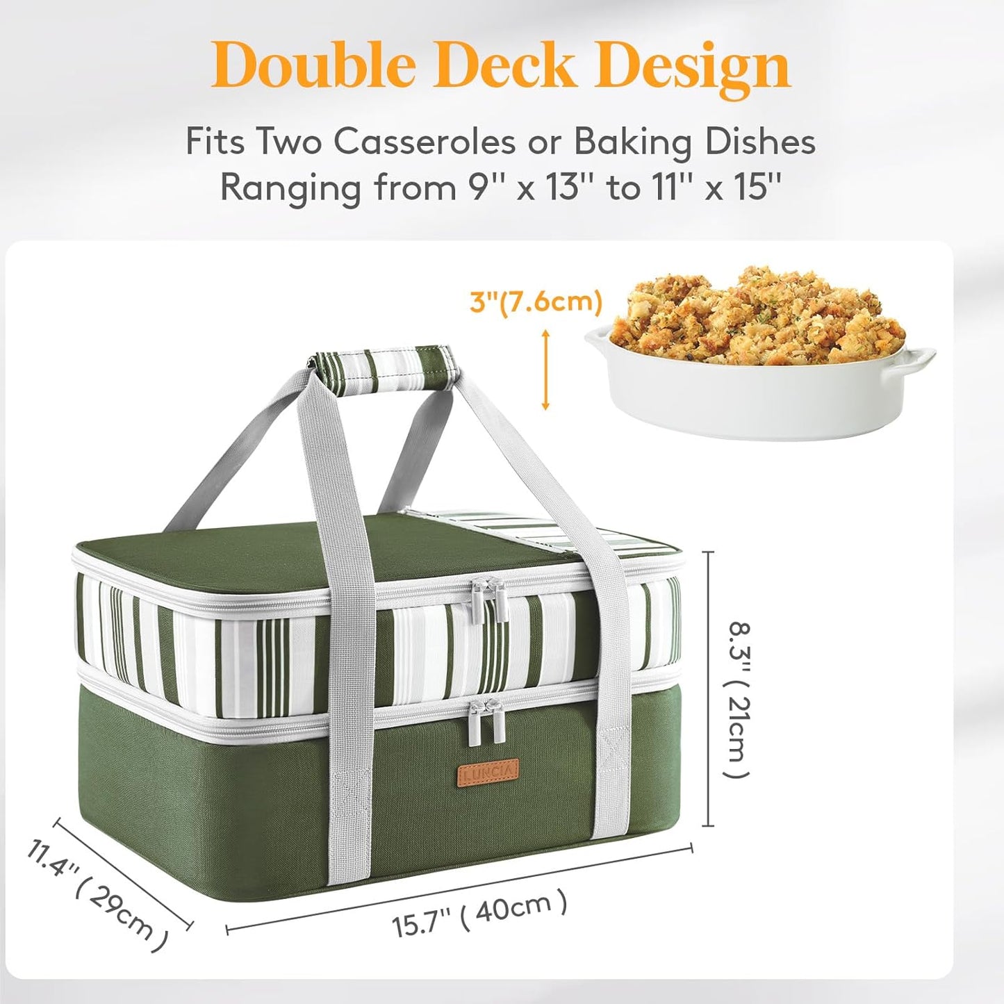 LUNCIA Double Decker Insulated Casserole Carrier for Hot or Cold Food, Lasagna Holder Tote for Potluck Parties/Picnic/Cookouts, Fits 9"x13" Baking Dish, Dark Green