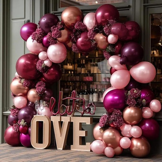 Burgundy Pink Balloon Arch Double Stuffed Dark Ruby Red Pink Plum Gold Balloon Garland Kit Maroon Balloons for Wedding Bridal Shower Birthday Mother's Day Graduation Engagement Anniversary Party Decor