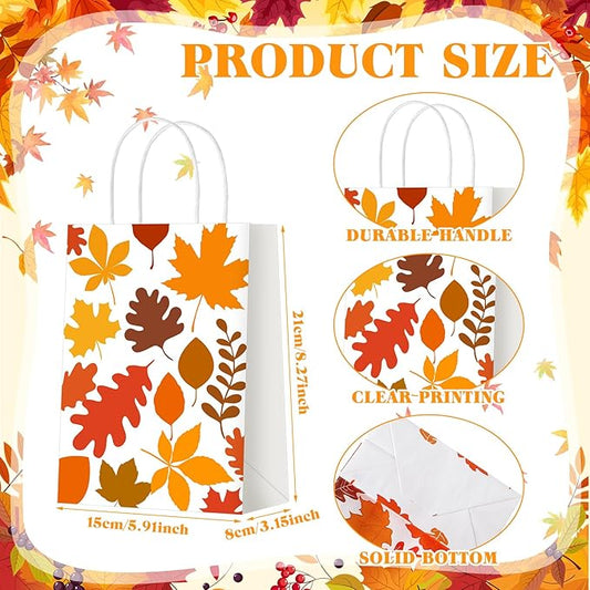 Glenmal 24 Pcs Fall Thanksgiving Gift Goodie Bags Bulk Maple Leaf Pumpkin Kraft Bags with Handles for Thanksgiving Autumn Party Favors Birthday Party Favors Supplies