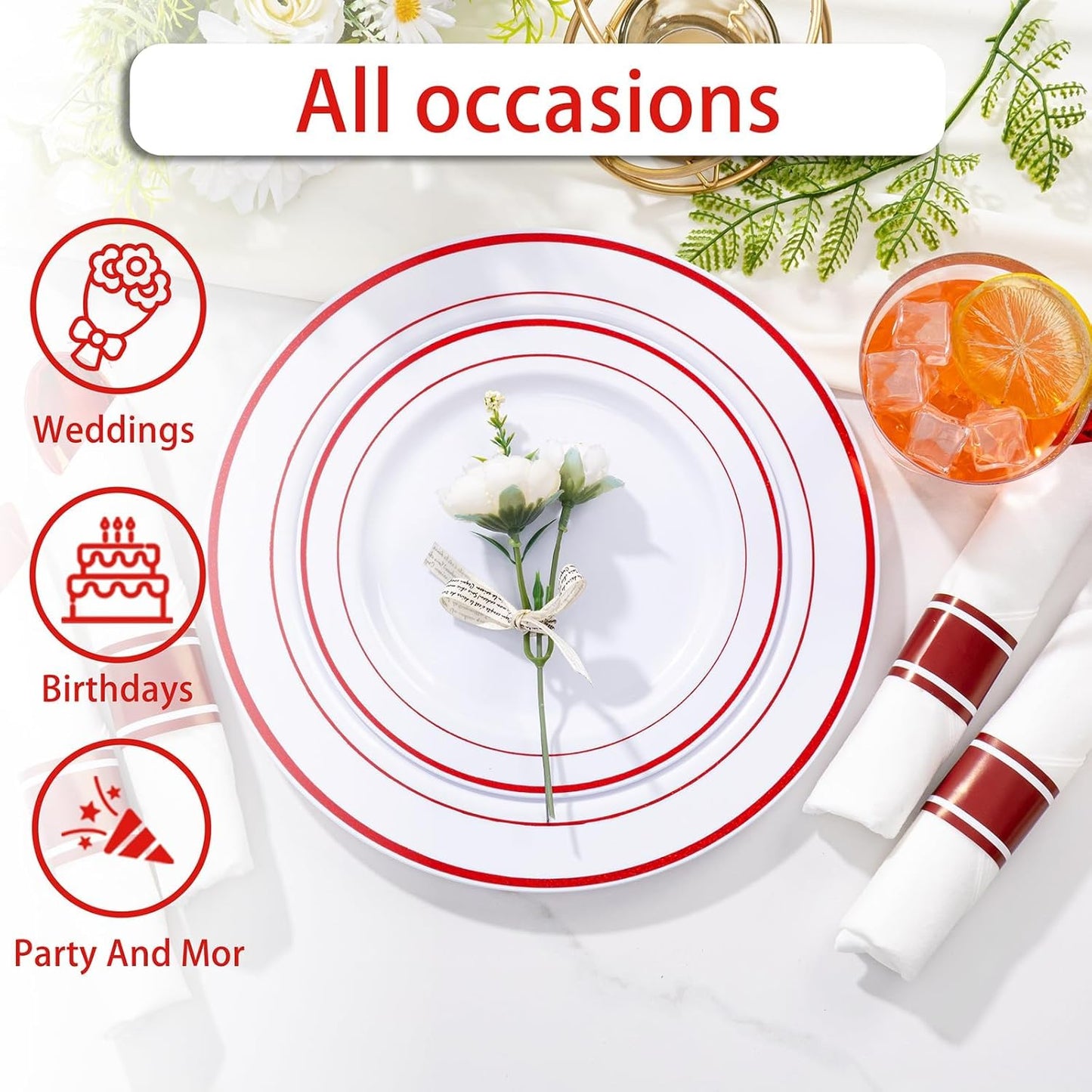 WELLIFE 700 Pieces Red Plastic Plates - Disposable Silverware and Cups, Include: 100 Dinner Plates 10.25”, 100 Dessert Plates 7.5”, 100 Red Cups 9 OZ, 100 Plastic Cutlery