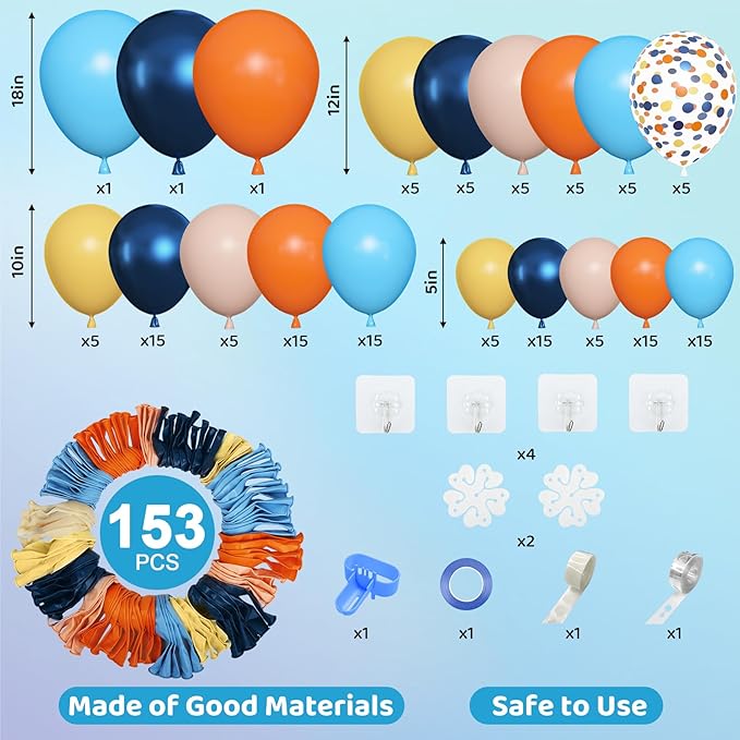 Amandir 153pcs Blue Orange Balloon Garland Arch Kit, Different Sizes 18 12 10 5 inch Navy Blue Yellow Latex Pearlescent Confetti Balloons for Girl Boys Blue Birthday Party Decorations