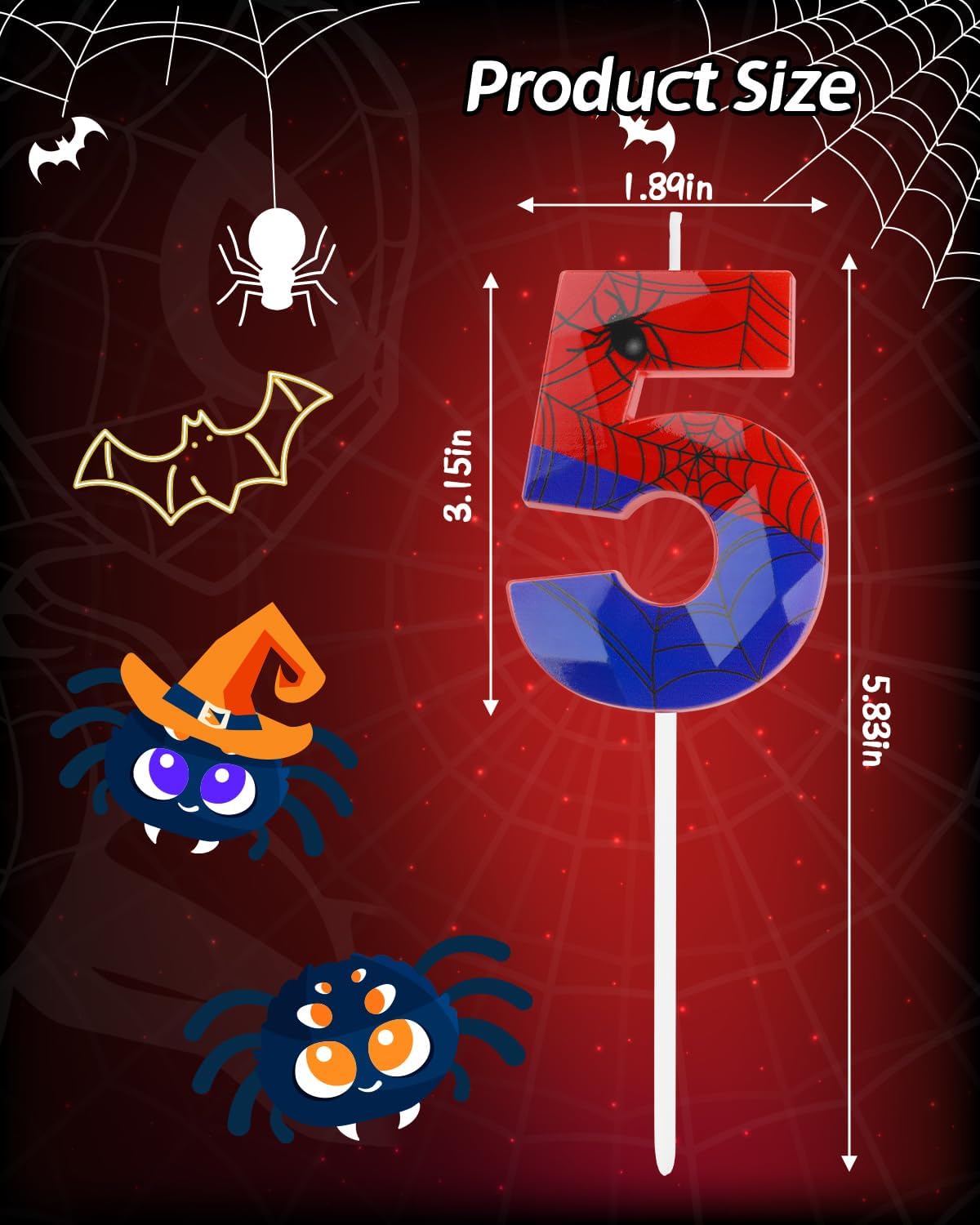 Number 5 Spider Themed Birthday Candle, 2.68 Inch Red Blue Spider Birthday Candles, Number Candles Birthday Cake Toppers Web Candles for Boy Girl Spider Party Decoration Supplies Halloween Party