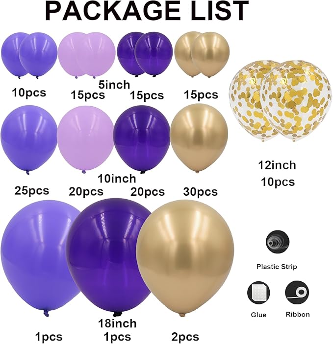 Purple and Gold Balloon Garland Arch Kit for 164pcs Different Sizes Balloons 5 10 12 18inch with Gold Confetti Balloons for Baby Shower Wedding Engagements Anniversary Birthday Party Decorations