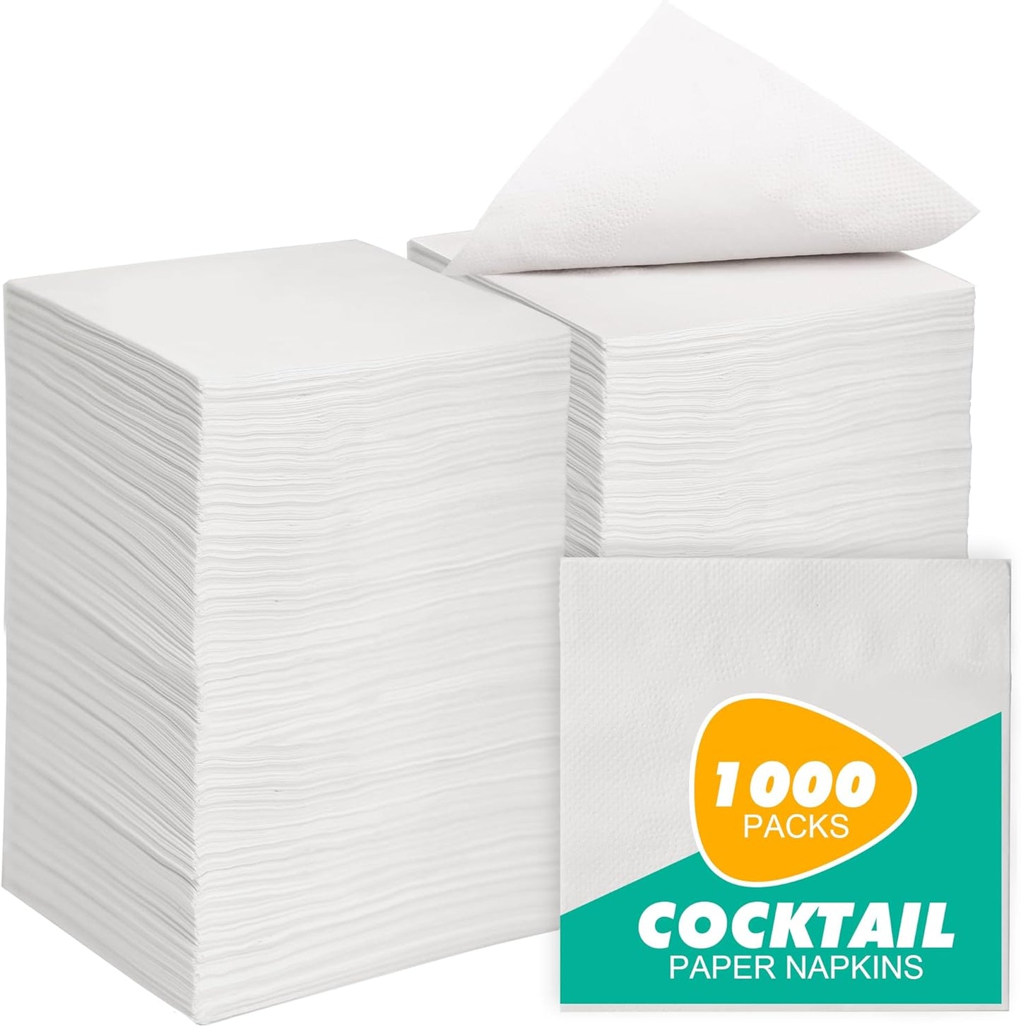 JINVOGREE 1000 Count Cocktail Napkins Bulk 1-Ply White Beverage Paper Napkins Disposable for Bars, Lunch, Parties, Restaurant and Everyday Use - 5.3 x 5.3 Inch Folded