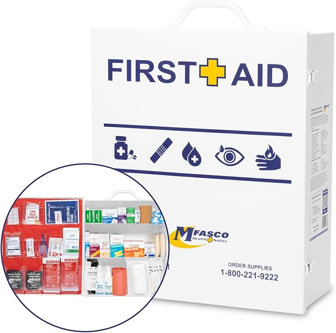MFASCO OSHA/ANSI 2021 Class B Compliant First Aid Cabinet - Large 3-Shelf Wall Mount Kit for Office, Commercial Businesses - Complete Metal First Aid Box with Supplies - No Medications