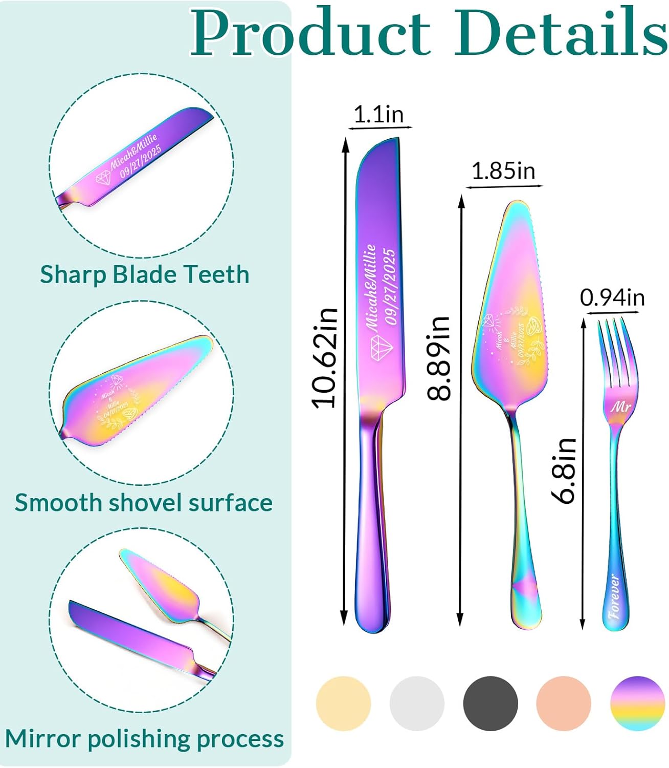 HJX Personalized Wedding Cake Knife and Server Set, Custom Names Cake Cutting Set, Customized Knife and Cake Server Set Gift for Bridal Anniversary Birthday Wedding Registry (Multicolor)