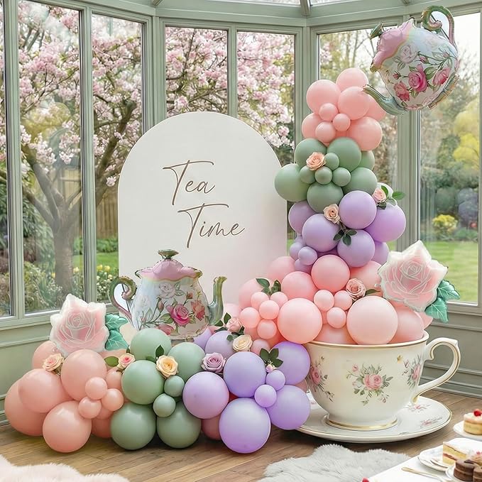 Tea Party Balloon Garland Kit 150Pcs – Pink Sage Green Pastel Purple Balloons with Teapot & Floral Foil – Garden Party Decorations, Baby Shower, Bridal Shower, High Tea, Let's Partea Decor