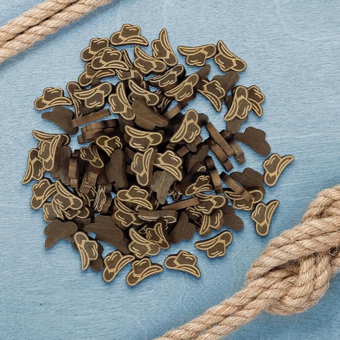 Confetti - Engraved Wood - Rustic Wooden Wedding Decor Party Table Scatter Decorations (Cowboy/Cowgirl Hat) | Dark Walnut