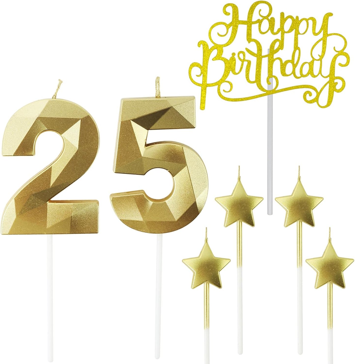 Golden Number 25 Birthday Candles and Star Birthday Candles 2.76 inch Birthday Cake Candles 3D Diamond Shaped Candles are Suitable for Birthday Parties and Anniversary Cake Decorations Candles