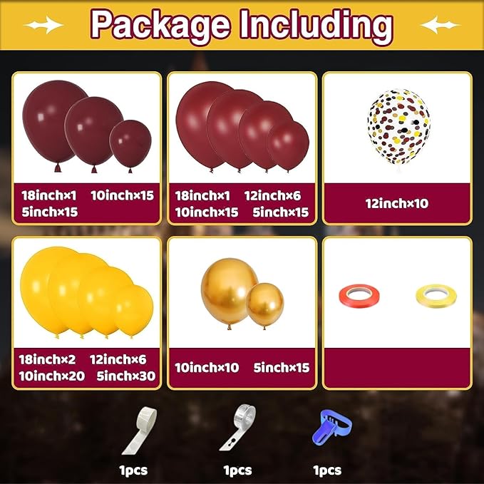 Amandir 170Pcs Magical Wizard School Balloons Arch Garland Kit, Different Sizes 18 12 10 5 inch Burgundy Yellow Gold Confetti Balloon for Birthday Baby Shower Halloween Party Decorations Supplies