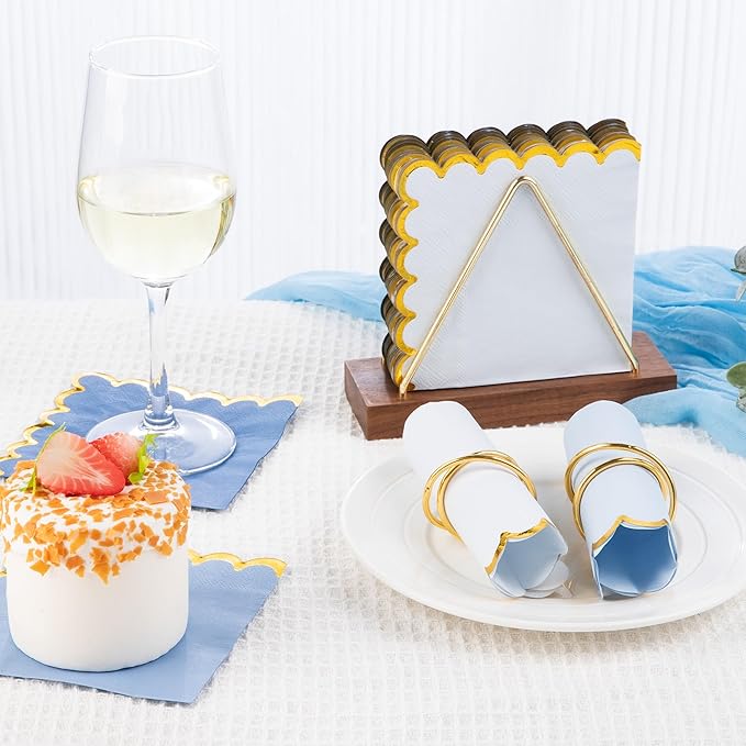 100 Pcs Blue Scalloped Napkins with Gold Foil Gradient Color Cocktail Napkin Folded 5 x 5 Beverage Napkins Disposable Paper Napkins for Birthday Party Supplies