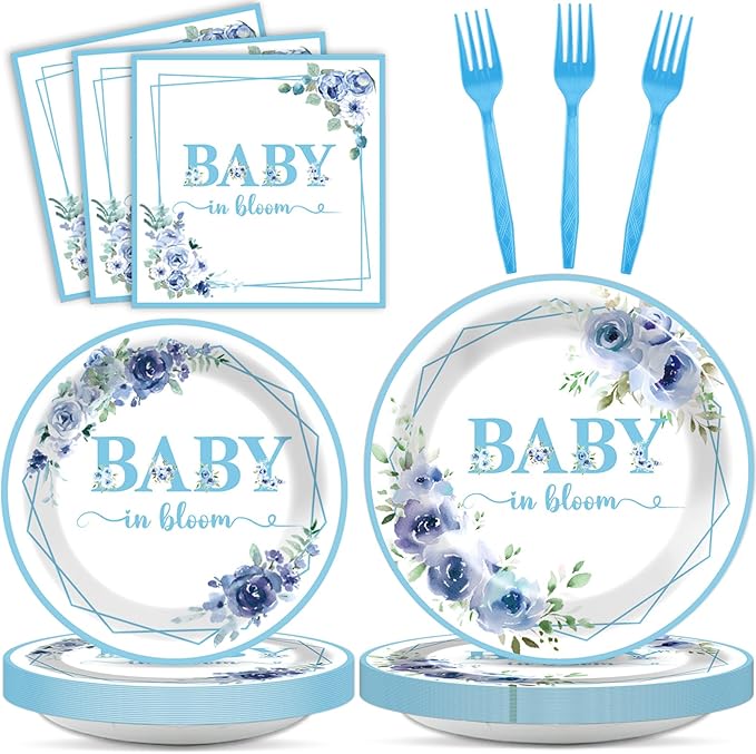 96Pcs Baby In Bloom Baby Shower Party Supplies Blue Flower Paper Plates Napkins Floral Shower Party Decorations Boy Girl Birthday Dinnerware Favor Tableware Serves 24