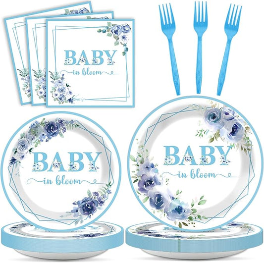 96Pcs Baby In Bloom Baby Shower Party Supplies Blue Flower Paper Plates Napkins Floral Shower Party Decorations Boy Girl Birthday Dinnerware Favor Tableware Serves 24