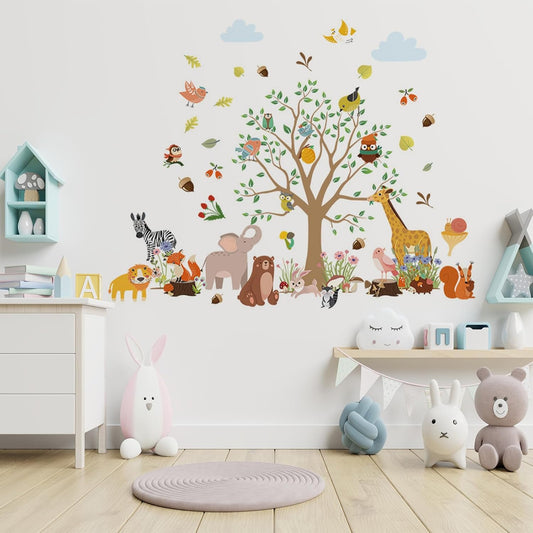 Big Tree Zoo Door Wall Stickers Baby Nursery Children's Room Wall Decor, Reusable Vinyl, Peel and Stick, Kids Mural Stickers