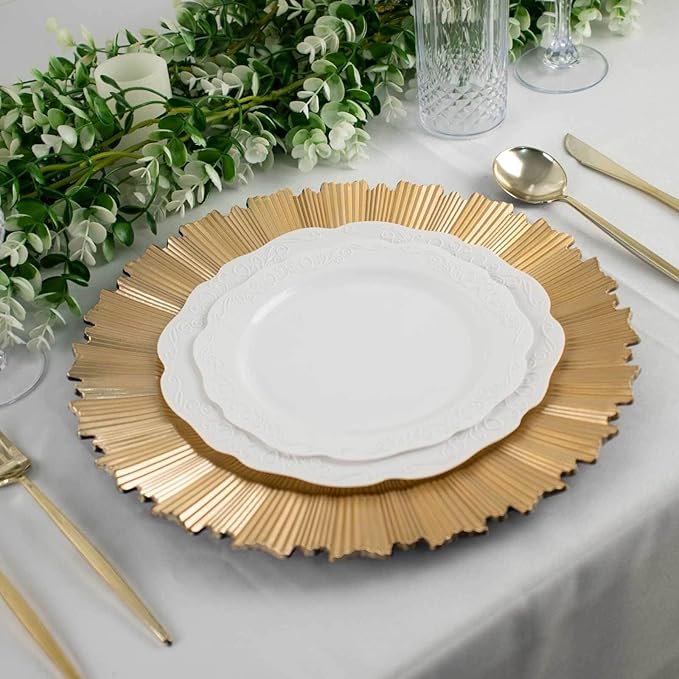 Efavormart 6 Pack | 13" Metallic Gold Sunray Acrylic Plastic Serving Plates, Round Scalloped Rim Disposable Charger Plates