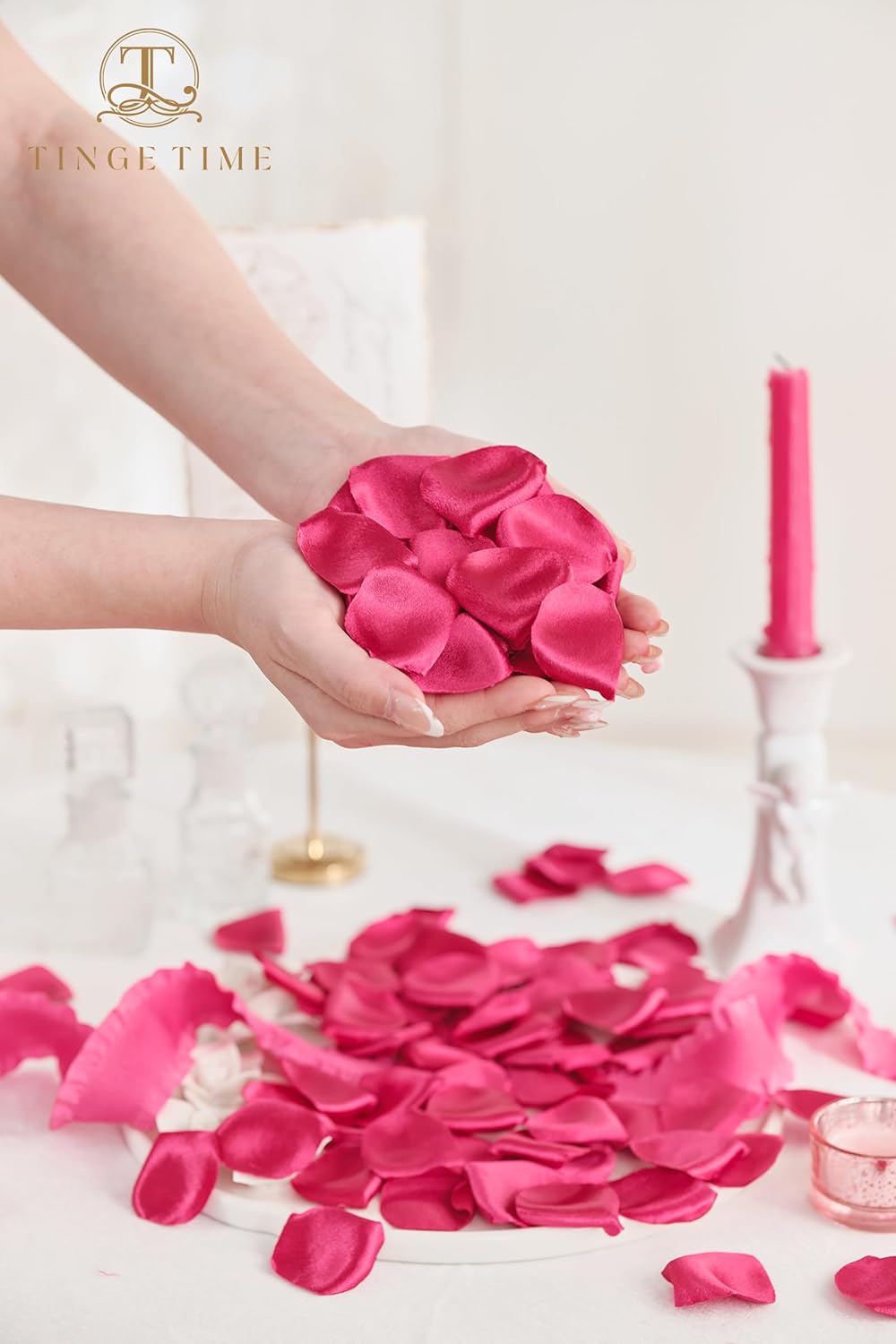 TINGE TIME 300pcs Silk Rose Petals Hot Pink Heart Flower Petals for Wedding Flower Girl Basket Aisle Scatter Dinner Table Centerpieces Party Confetti Bridal Shower Romantic Night Decoration