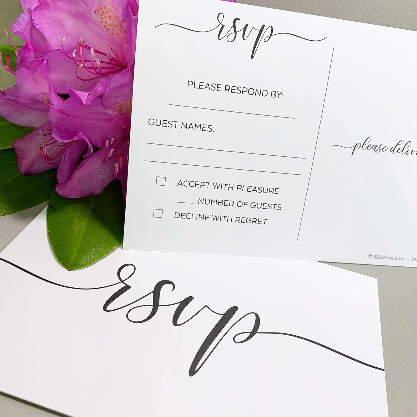321Done RSVP Postcards (Set of 50) Small White, 3.5" x 5" - Blank with Mailing Side, Response Cards for Wedding, Bridal Shower, Baby Shower - Made in USA, Elegant Script White