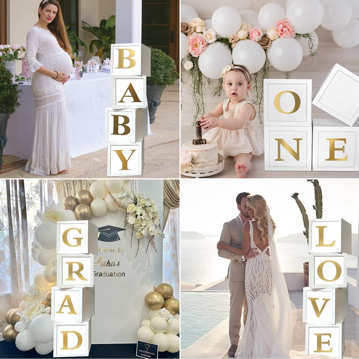 Baby Shower Boxes Party Decorations - 4pcs Stereoscopic White Gold Boxes with Gold Baby+A-Z Letters,Babe Balloon Party Box Blocks for Teddy Bear BabyShower,Boy Girl 1st Birthday Parties Backdrop