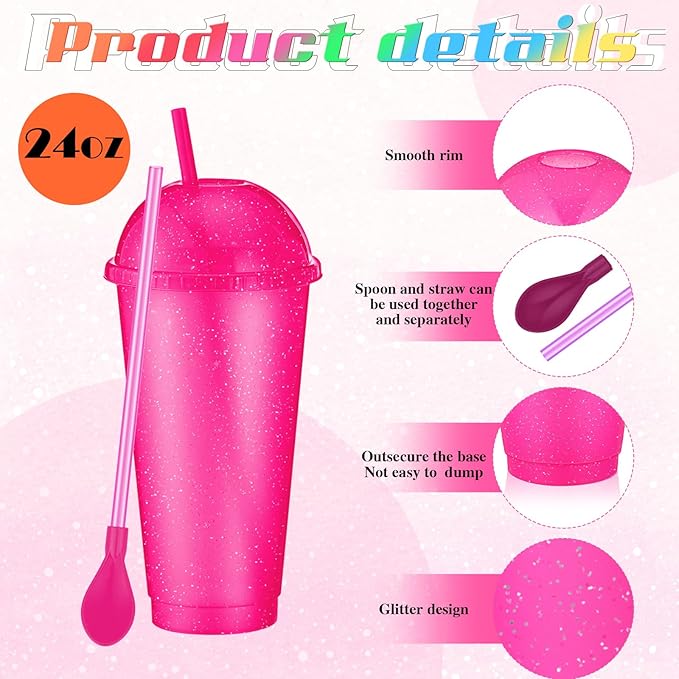 6 Set Slushie Cups with Dome Lids and Straws Detachable Spoon Straws Reusable Plastic Iced Coffee Cups Smoothie Tumbler for Birthdays Summer Party Supplies(Light Colors,24 oz)