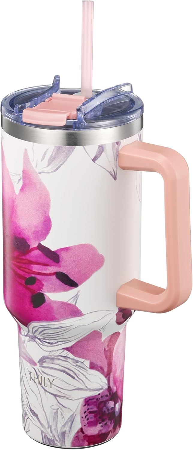 THILY 40 oz Stainless Steel Tumbler with Handle - Vacuum Insulated Travel Cup, Splash-Proof & Leakproof Lid, 2 Straws & Brush | Keeps Cold 34H/Hot 12H, Cupholder Friendly, Lotus Flower