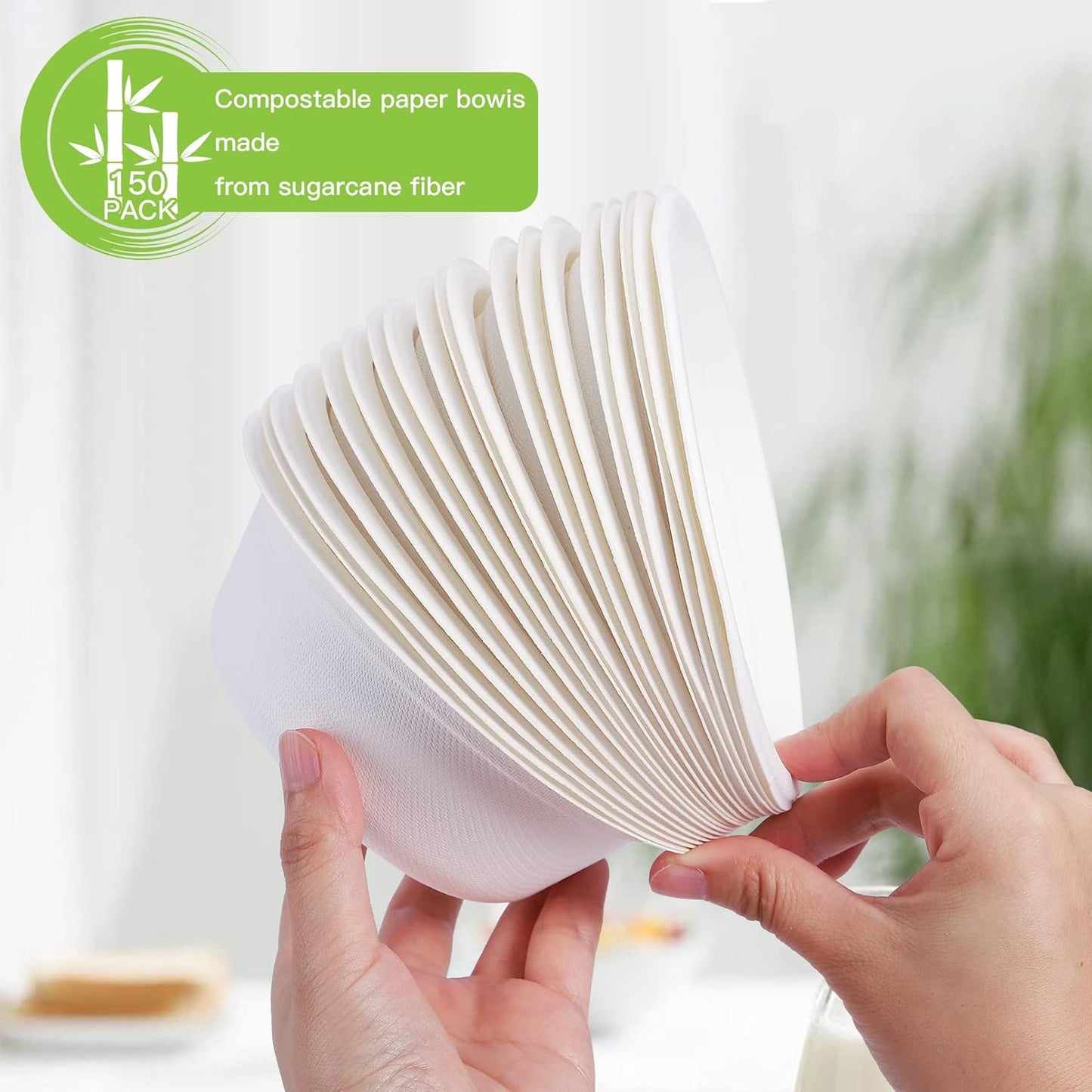 150 PCS Eco-Friendly Sugarcane Bowls - 12 oz Heavy-Duty Disposable Paper Bowls - 100% Compostable and Biodegradable for Hot or Cold Food, Snacks, Salads, Soup