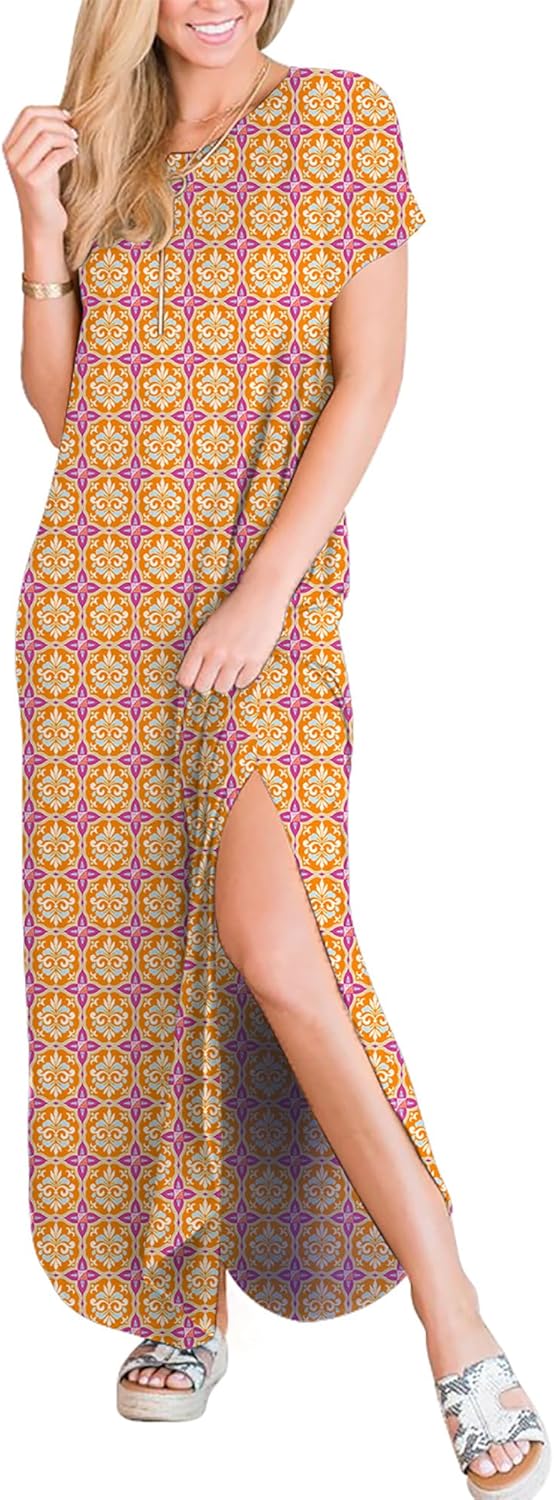 ANRABESS Womens Summer Maxi Dress Short Sleeve Casual Loose Long T Shirt Dresses Split Vacation Beach Sundress Travel Outfits