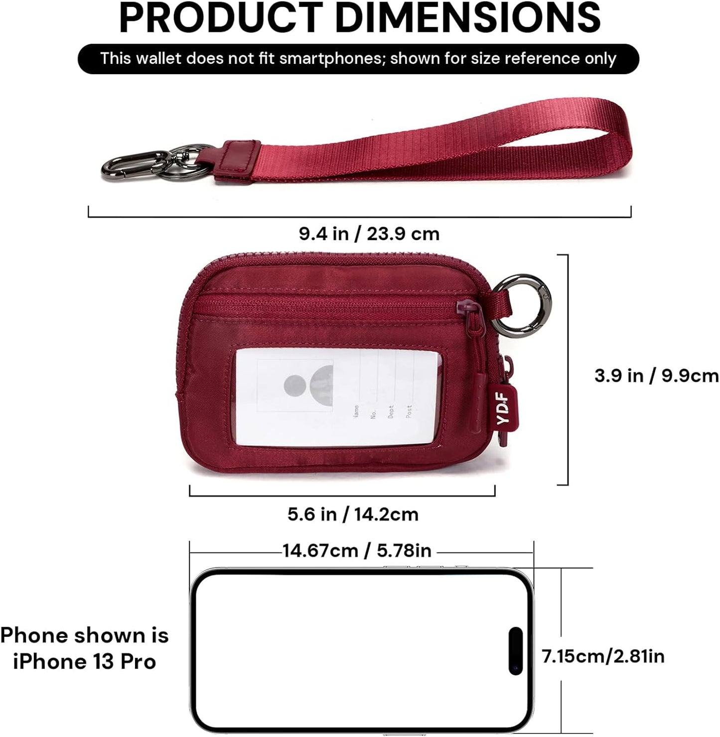 YDF Keychain Wallet for Women Mini Zip Card Holder with ID Window Coin Purse Detachable Wristlet Small Wallets Burgundy