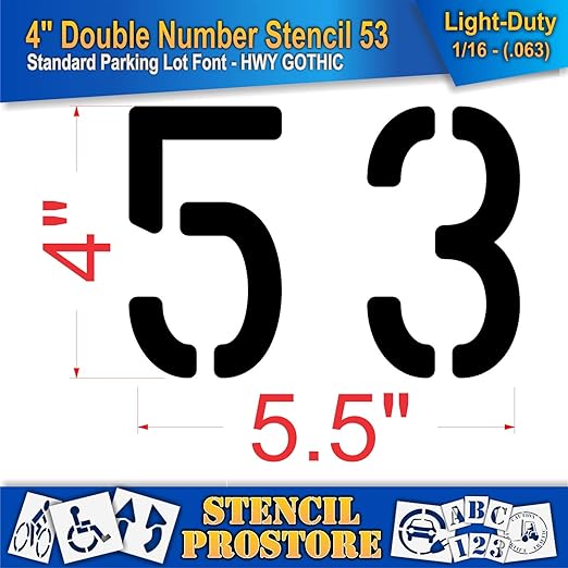 Pavement, Curb, and WheelStop Stencils - 4 inch Double Number Stencil - (53) - 4" x 5.5" x 1/16" (63 mil) - Light-Duty