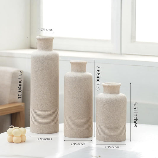 Flower Vase Set, Stone Look, 3 PCS Small Decorative Bud Vases for Pampas Grass, Farmhouse Decor, Kitchen, Living Room, Bathroom, Bedroom, Office, Shelf Centerpiece Table Decoration (Beige)