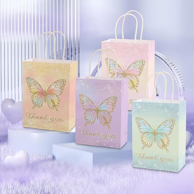 piqiya 24pcs Butterfly Birthday Goodie Bags,Party Favor Gift Bags,Colorful Gift Bag for Baby Shower, Wedding